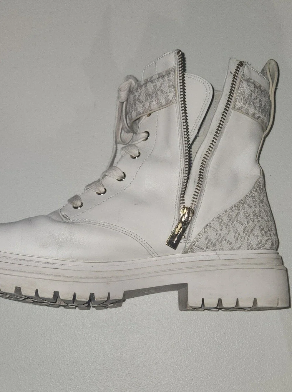 Michael Kors White MK Monogram Combat Boots Size 8.5